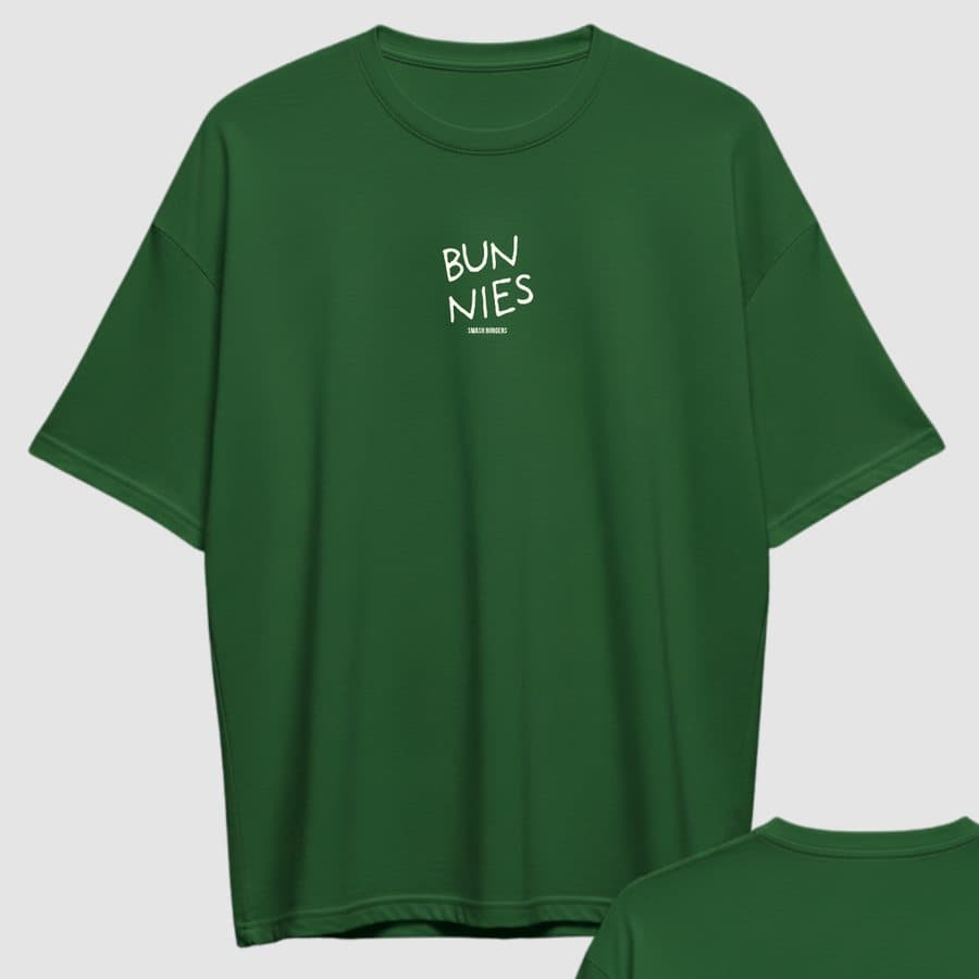 Front of an emerald Bunnies tee with the small BUNNIES wordmark on the chest.